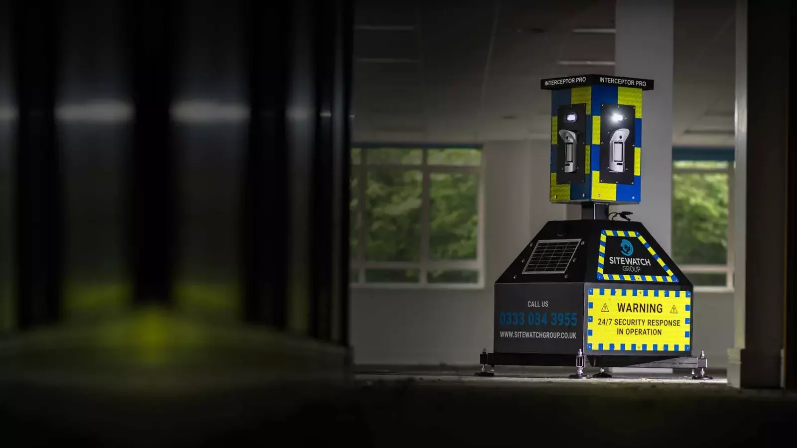Sitewatch Interceptor Pro security tower monitoring an industrial building